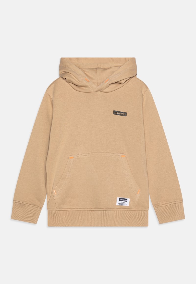 Felpa beige con cappuccio, tasca frontale, cuciture arancioni a contrasto, polsini a coste e un'etichetta in tessuto con il nome del marchio.