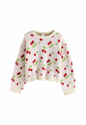Helles rosa gestricktes Sweatshirt mit rundem Halsausschnitt, versehen mit einem Kirschmuster in Rot und Grün sowie einem gerippten Saum und Bund.