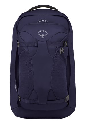 Sac à dos bleu marine avec des accents en maille rembourrée, des bretelles réglables, une poignée supérieure et deux poches zippées. Logo Osprey à l'avant.