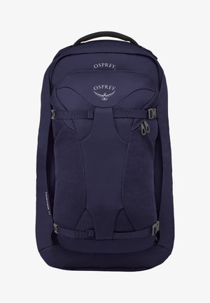 Sac à dos bleu marine avec des accents en maille rembourrée, des bretelles réglables, une poignée supérieure et deux poches zippées. Logo Osprey à l'avant.