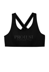 Crna rebrovana sportska grudnjak s dizajnom racerback. Ima križne trake na leđima i teksturiranu površinu. Logo otisnut sprijeda.