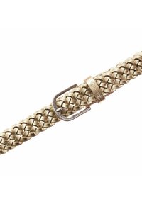 Cintura d'oro intrecciata con una fibbia in metallo argentato. La texture è intrecciata, con una finitura liscia e una leggera lucentezza. La fibbia ha una forma rettangolare.