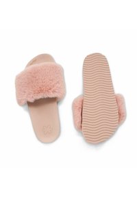 Pink fur slide sandals with a wide fuzzy strap. Soft texture, flat beige sole featuring a wavy pattern for traction. Simple and contemporary design.