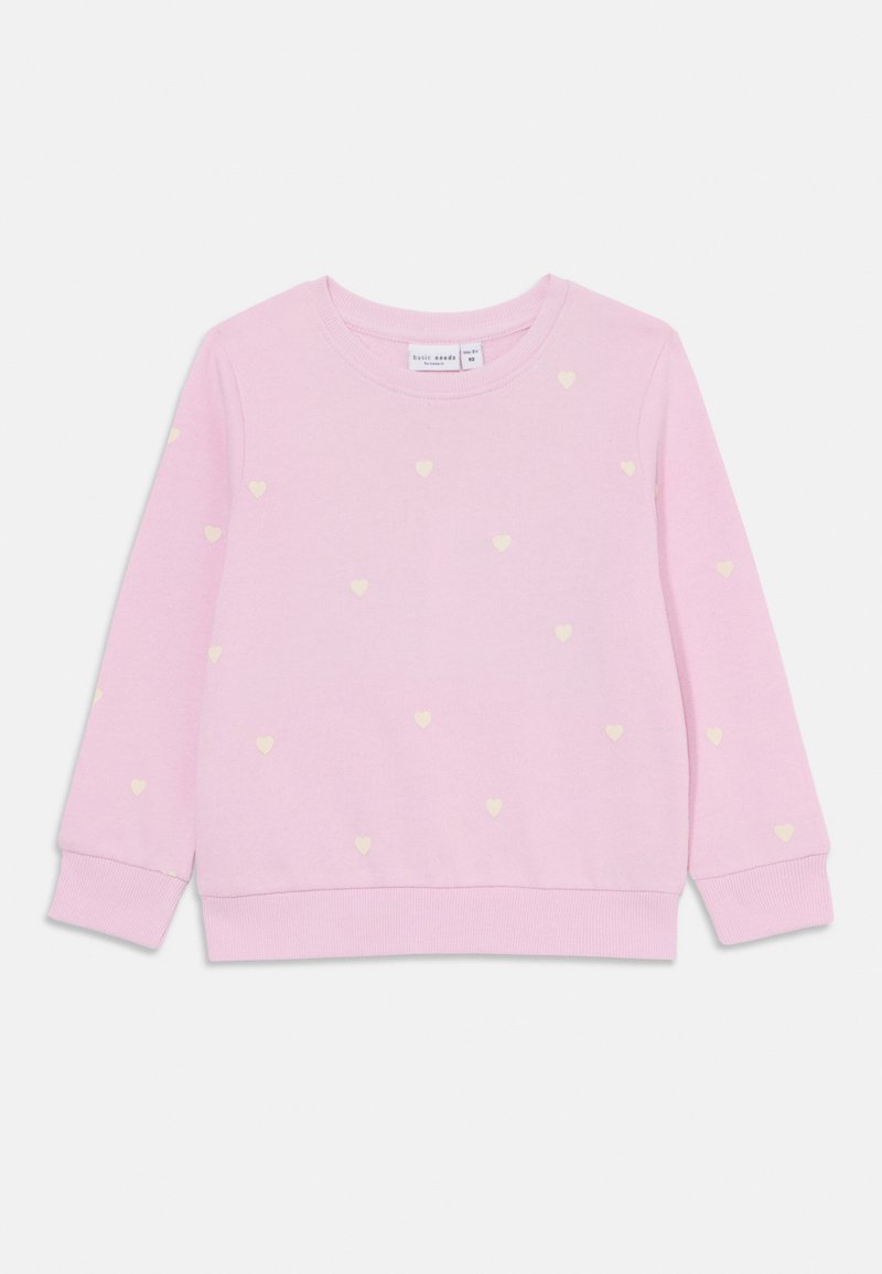 Sweatshirt rose à manches longues, avec une texture douce et de petits cœurs jaunes éparpillés. Encolure ras du cou classique et poignets en côte.