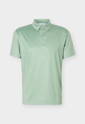 Lichtgroen poloshirt met korte mouwen, subtiel gestructureerd patroon, drieknopenpailletten en klassieke kraag, weergegeven tegen een witte achtergrond.