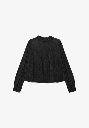 Sort langærmet bluse med glitrende stof, høj rynket halsudskæring, nøglehul frontdetalje og plisseret paneldesign.