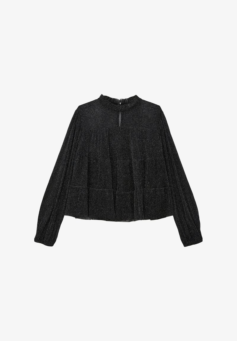 Blouse noire à manches longues en tissu scintillant, col montant plissé, détail œillet devant et design à panneau plissé.