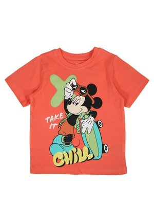T-shirt in cotone arancione con una grafica di un topo cartonato con occhiali da sole, che monta su uno skateboard. La scritta recita "Prendila con calma."