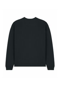 Zwarte crewneck trui met lange mouwen, geribbelde manchetten en zoom. De stof lijkt glad met een lichte rek.