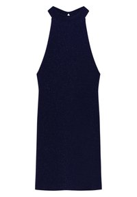 Robe bleu marine à col halter en tissu scintillant, avec une silhouette ajustée et un détail œillet dans le dos.