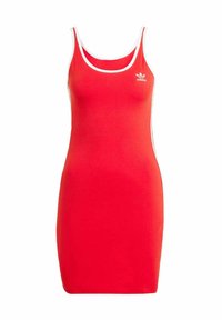 Punainen hihaton Adidas-mekko, jossa on valkoinen reuna ja pieni valkoinen Adidas-logo vasemmassa ylärinnassa, tiukka siluetti.