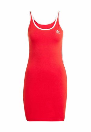 Abito rosso senza maniche Adidas con bordo bianco e piccolo logo Adidas bianco sul lato sinistro del petto, silhouette aderente.