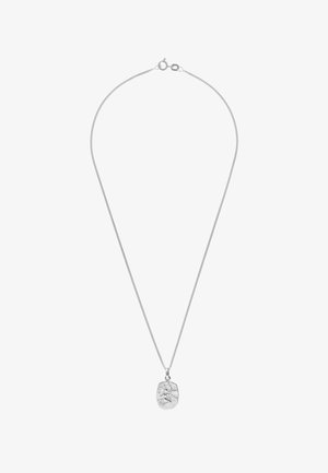 Silver chain necklace with a textured rectangular pendant featuring a raised figure design, fastened with a spring ring clasp.