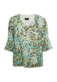 Blusa a maniche corte in tessuto leggero con stampa leopardata verde e blu vivace, scollo a V e maniche svasate.