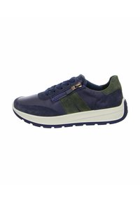 Marineblaue und grüne Ledersneaker mit Wildlederakzenten, strukturiertem Zehenbereich, Schnürverschluss, seitlichem Reißverschluss und einer weißen Gummisohle.