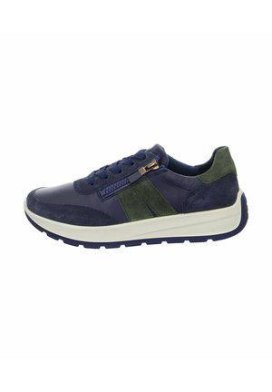 Navy and green leather sneaker with suede accents, a textured toe cap, lace-up closure, side zipper, and a white rubber sole.