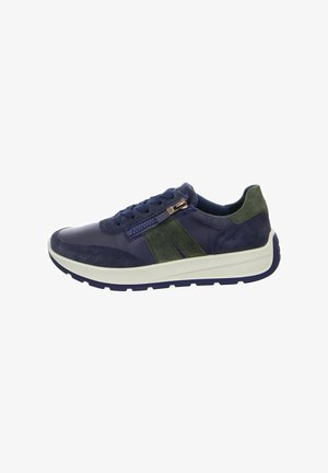 Navy and green leather sneaker with suede accents, a textured toe cap, lace-up closure, side zipper, and a white rubber sole.