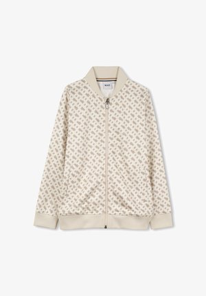 Beige zip-up jack met een geometrisch beige patroon, geribde kraag en manchetten, en zijzakken; gemaakt van een zachte, gestructureerde stof.