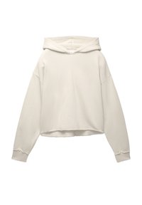 Licht beige cropped hoodie met lange mouwen, trekkoordkap en onbewerkte naden. Gemaakt van zacht materiaal met een relaxte pasvorm. Geen patronen of accenten.