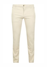 Beige katoenen chino's met een rechte pasvorm, voorzien van een knoopsluiting en ontwerp met vijf zakken. Glad textuur en minimalistische stijl.