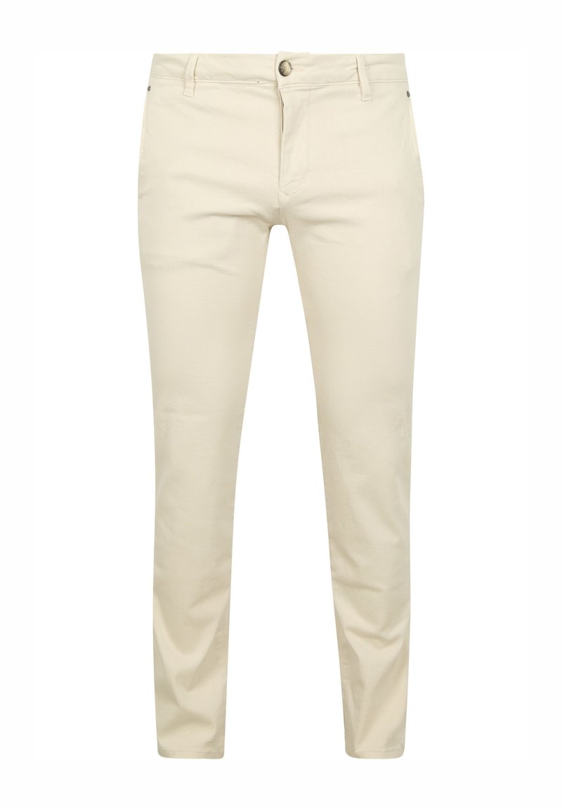 Beige katoenen chino's met een rechte pasvorm, voorzien van een knoopsluiting en ontwerp met vijf zakken. Glad textuur en minimalistische stijl.