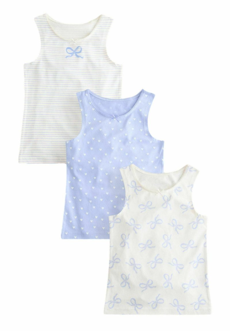 Drei ärmellose Tanktops: eines in Weiß mit feinen Streifen und einer Schleife, eines in Hellblau mit kleinen Herzen und eines in Creme mit Schleifenmustern.