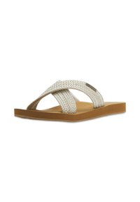 Sandales en tissu tissé avec des lanières croisées en beige clair, dotées d'un semelle intérieure texturée marron et d'une semelle en caoutchouc plate.