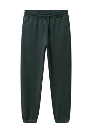 Ciemnozielone spodnie dresowe z elastycznym pasem, sznurkiem, zapinanymi na zamek bocznymi kieszeniami oraz elastycznymi ściągaczami przy kostkach.