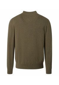 Olivgrüner Pullover aus Strickstoff mit hohem Kragen und langen Ärmeln, glatter Textur sowie gerippten Bündchen und Saum.
