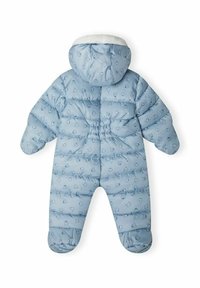 Hele lilla puhvri talvest suits, millel on pehme valge kapuutsivooder, sisaldab väikeseid trükitud loomade disaine, elastsed mansetid ja seljaelastsus, et saavutada sobiv kuju.