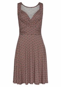 Blommig mönsterklänning med åtsittande liv, svängig kjol och rundad halsringning. Färgerna inkluderar mörk rosa och korall på en marin bakgrund.