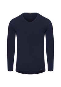Marineblauw langemouw V-hals shirt gemaakt van zachte stof. Kenmerkt zich door een gebogen zoom en minimale branding aan de onderzijde. Gladde textuur.