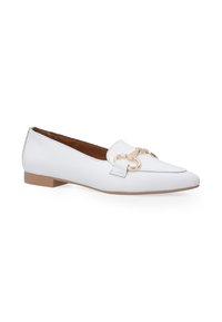 White leather loafers with a pointed toe, gold chain accent, and a low brown heel, featuring a smooth finish and a slip-on design.