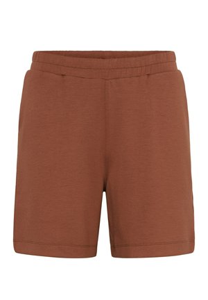 Hnedé elastické kraťasy s jednoduchým dizajnom, rovnými nohavicami a dĺžkou do polovice stehna, vyrobené z mäkkej látky.