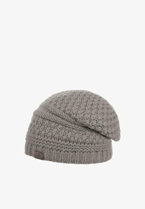 Graue gestrickte lässige Mütze mit geripptem Rand und strukturiertem Muster, mit einem kleinen aufgenähten Markenlabel.