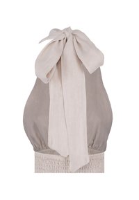 Linnen haltertop in neutraal beige met een grote strik op de hals, met gerimpelde smockdetails bij de taille.