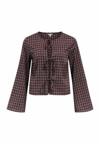 Bordeaux en grijs geruit blouse met een ronde halslijn, drie knoopsluitingen aan de voorkant en uitlopende lange mouwen. Katoenmengsel.
