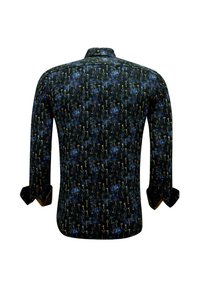 Donkerblauwe shirt met een sleutelpuntontwerp in goud. Beschikt over lange mouwen, knoopmanchetten en een klassieke kraag. Zacht stof met een gestructureerde afwerking.