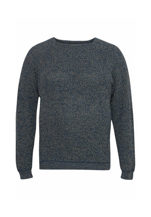Pletený pulovr v tmavě modré barvě s texturovaným vzorem, kulatým výstřihem a žebrovanými manžetami a lemem. Měkká tkanina pro pohodlí.