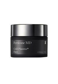 Schwarzes Glas mit einem glänzenden Silberdeckel, beschriftet mit "Perricone MD Cold Plasma+ Face". Enthält 30 ml Produkt. Glatte Textur, minimalistisches Design.
