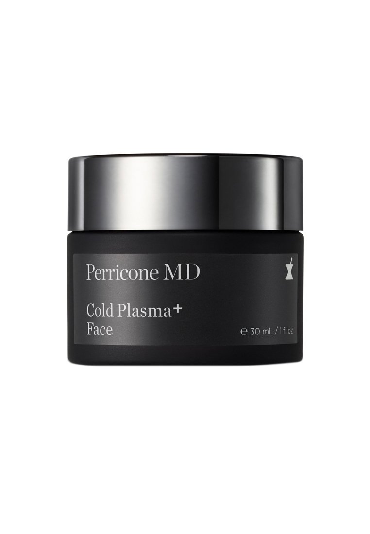 Schwarzes Glas mit einem glänzenden Silberdeckel, beschriftet mit "Perricone MD Cold Plasma+ Face". Enthält 30 ml Produkt. Glatte Textur, minimalistisches Design.