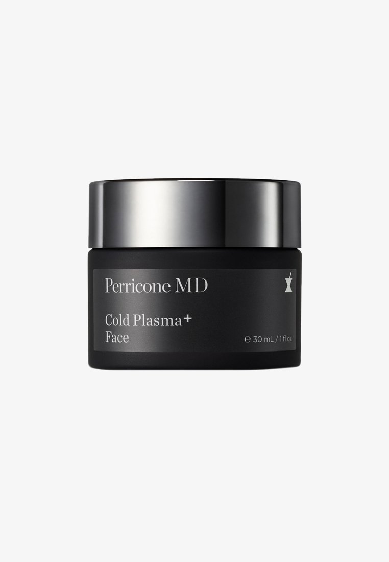 Schwarzes Glas mit einem glänzenden Silberdeckel, beschriftet mit "Perricone MD Cold Plasma+ Face". Enthält 30 ml Produkt. Glatte Textur, minimalistisches Design.