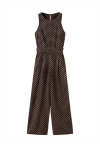 Ärmelloser brauner Jumpsuit mit weißen Polka-Dots, weitem Bein und passendem Gürtel mit rechteckiger Schnalle in der Taille.