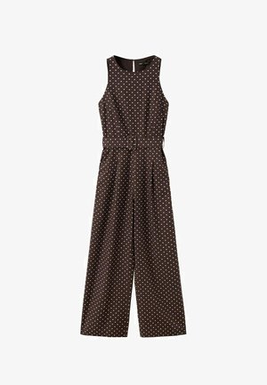 Mouwloze bruine jumpsuit met witte polka dots, wijde pijpen en een bijpassende riem met rechthoekige gesp in de taille.