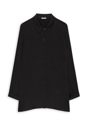 Schwarzes Langarmhemd mit spitzem Kragen, Knopfleiste und abgerundetem Saum. Hergestellt aus glattem Stoff mit einem dezenten Glanz.