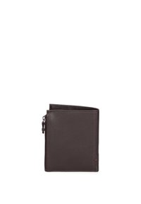 Portafoglio in pelle marrone con design a pieghe. Presenta una tasca con zip su un lato e un dettaglio di cucitura a contrasto lungo i bordi.