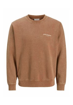 Brauner Pullover aus weichem Material, mit Rundhalsausschnitt und gerippten Bündchen. "jack & jones"-Logo in Weiß auf der linken Brust.