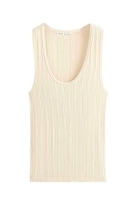 Maiou fără mâneci, tricotat cu dungi, de culoare crem, cu decolteu rotund, expus pe o suprafață plană.