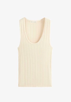 Kremno obarvan brezrokavnik iz rebraste pletenine z okroglim izrezom, položen na ravno površino.