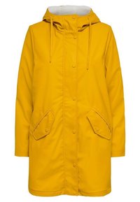 Imperméable jaune à capuche, fabriqué en tissu imperméable lisse. Dispose d'une fermeture à boutons-pression, de deux poches avant et d'une doublure en polaire.